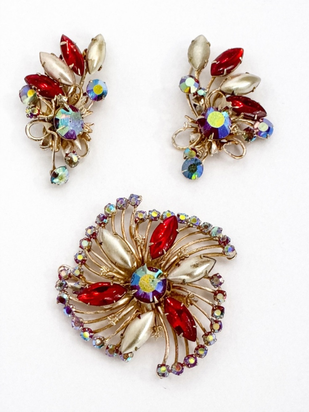 Vintage AB Rhinestone Brooch Clip Earrings Set Red Navette Gold Tone